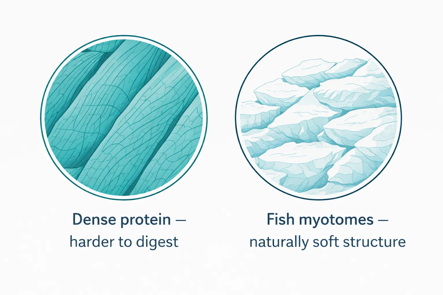 Scientific illustration comparing dense muscle fiber protein structure (harder to digest) with fish myotome structure (naturally soft)